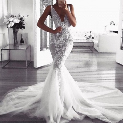 Gorgeous Mermaid Deep V-Neck Wedding Dresses | Sleeveless Tulle Lace Appliques Bridal Gowns_3