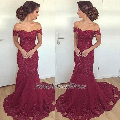 Lace Glamorous Burgundy Mermaid Appliques Long Off-the-Shoulder Evening Dress_1