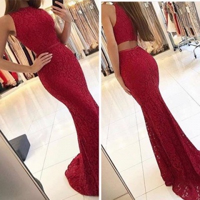 Sweep-Train Elegant Lace Sleeveless Red Mermaid Prom Dresses_3