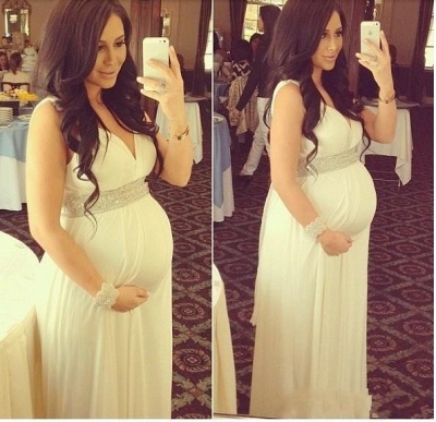 Newest Beads V-neck Sleeveless A-line Long Maternity Prom Dress_1