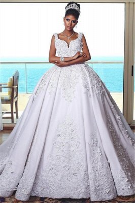 Glamorous Straps Lace Wedding Dresses | 2021 Sleeveless Puffy Ball Bridal Gowns_1
