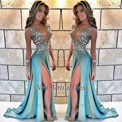 Sleeveless A-line Crystals Delicate Front-Split Straps Prom Dress_1