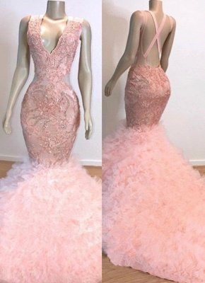 Mermaid Ruffles Junior Long Prom Dresses  | Pink V-Neck Sleeveless Open Back Lace Evening Dresses_1