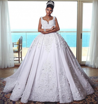 Glamorous Straps Lace Wedding Dresses | 2021 Sleeveless Puffy Ball Bridal Gowns_3