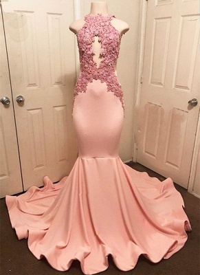 Sexy Sleeveless Halter Pink Lace Appliques Mermaid Prom Dresses  with Court Train_1