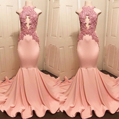 Sexy Sleeveless Halter Pink Lace Appliques Mermaid Prom Dresses  with Court Train_3