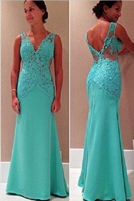 Fashion Prom Dresses Sexy Sleeveless V Neck Lace Appliques Mint Green Backless Long Evening Dresses_3