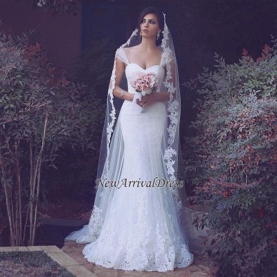 Elegant Lace Appliques Mermaid Sweetheart Custom Made Straps Tulle Wedding Dress_1