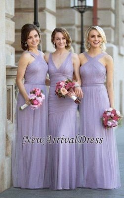 Tulle Long Lavender Elegant Halter-Neck Ruched Bridesmaid Dresses_1