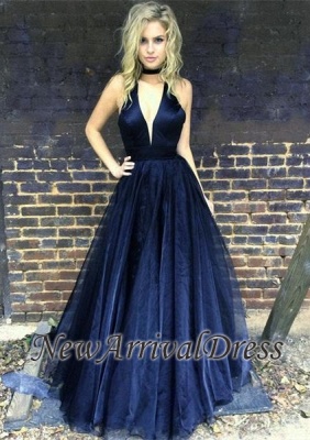 Black Newest A-line Floor-length V-neck Sleeveless Prom Dress_1