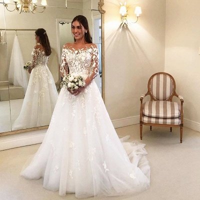 Belles robes de mariée en ligne A à manches longues avec des appliques en dentelle florale_2