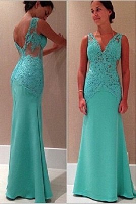 Fashion Prom Dresses Sexy Sleeveless V Neck Lace Appliques Mint Green Backless Long Evening Dresses_1