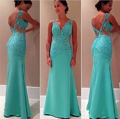 Fashion Prom Dresses Sexy Sleeveless V Neck Lace Appliques Mint Green Backless Long Evening Dresses_4