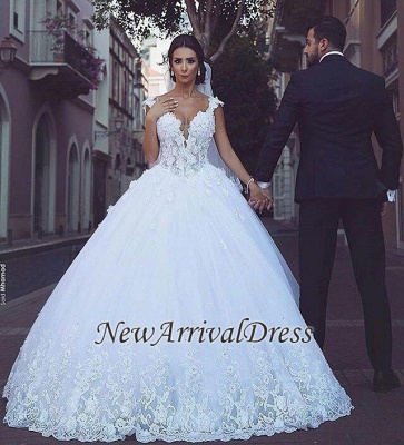 Sleeveless Puffy Tulle Ball Gown Wedding Dresses | Sexy Straps Lace Appliques Bridal Gowns_1