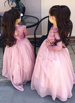 Una línea de manga larga de encaje vestidos de niñas de flores hasta el suelo vestido de novia del desfile_1