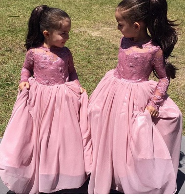 Una línea de manga larga de encaje vestidos de niñas de flores hasta el suelo vestido de novia del desfile_2