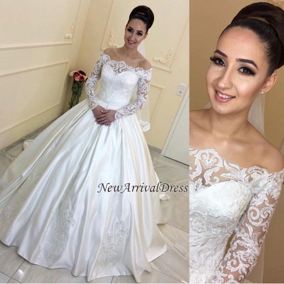 Lace Appliques Off The Shoulder A-line Elegant Long Sleeve  Online Sweep Train Wedding Dresses_1