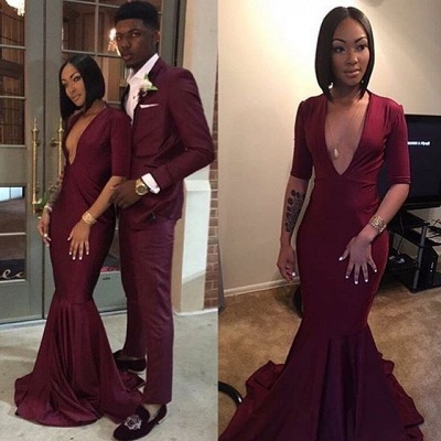 Sexy Burgundy Half-Sleeve Mermaid V-neck Sweep-Train Prom Dress_4