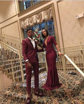 Sexy Burgundy Half-Sleeve Mermaid V-neck Sweep-Train Prom Dress_3