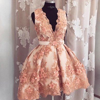 Unique Flowers Short Sleeveless V-neck Custom Made A-line Sexy Short Homecoming Dresses_3