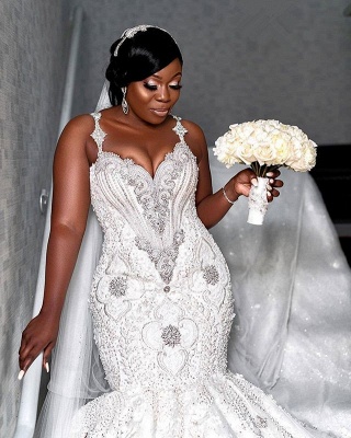 Spaghetti strap Luxury Sweetheart Wedding Dresses | Appliques Beading Mermaid Bridal Dresses_2