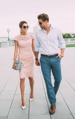 Robe de soirée rose pâle en dentelle | Robe de soirée de mariage longueur genou pas cher en ligne_3