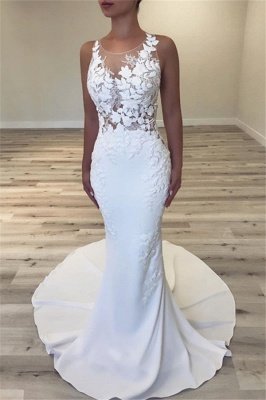 2021 Sexy Sleeveless Mermaid Wedding Dresses |  Scoop Flowers Bridal Gowns with Buttons_1