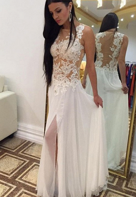 White Long Lace Chiffon Prom DressesBeadings Appliques_1
