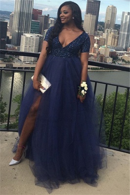 V-Neck A-line Short-Sleeves Plus-Size Tulle Prom Dress_3