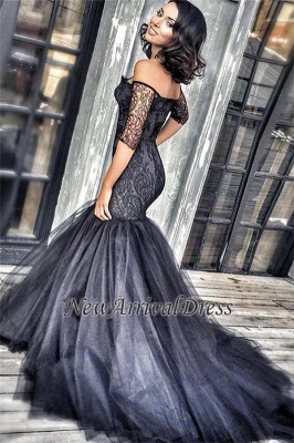 Mermaid Tulle Black Off-the-shoulder Court-Train New Half-Sleeves Lace Evening Dresses BA3948_1
