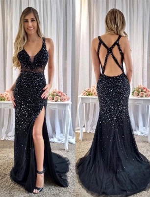 Gorgeous Crystals Mermaid Straps Prom Dress | Front Split Prom Dress_1