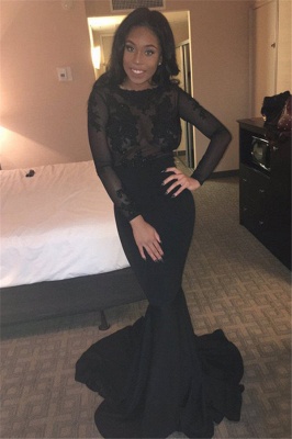 Backless Long-Sleeves Black Sheer Lace Mermaid Sexy Evening Gown_2