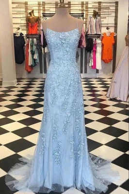 Spaghetti Strap Backless Sky Blue Mermaid Prom Dresses_2