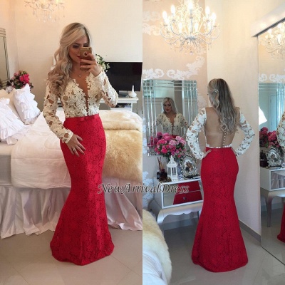 Beadings Lace Mermaid Floor-Length Popular Long-Sleeves Prom Dresses BT00_1