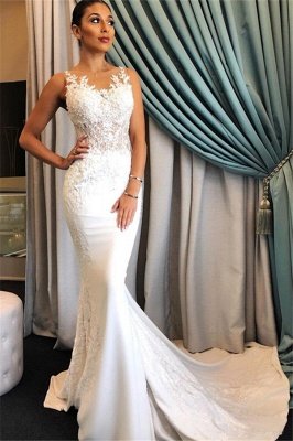 Elegant Sleeveless Mermaid Sheer Wedding Dresses | 2021 Lace Sweep Train Bridal Gowns_2