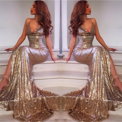 Spaghetti Straps V-neck Champagne Gold Sequins Formal Dress | Long Prom Dresses  BA7769_3