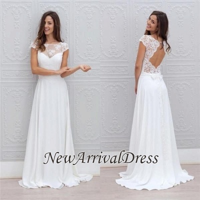 Beautiful Simple Short Sleeve Elegant A-Line Sweep Train Open Back White Wedding Dresses_1