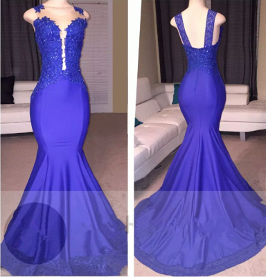 Straps Beads Appliques Mermaid Evening Gowns | Sleeveless Court-Train Prom Dresses_3
