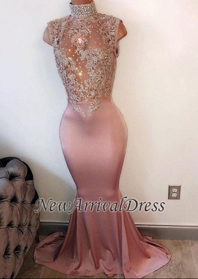 Lace Appliques Modest High Neck Sleeveless Pearls Mermaid Prom Dresses  BA4598_1