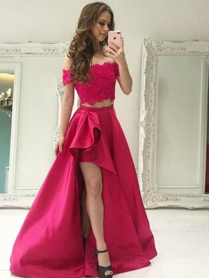 Chic Beading Two-Piece Prom Dresses | Lace Off-the-Shoulder Hi-Lo Party Dresses_1