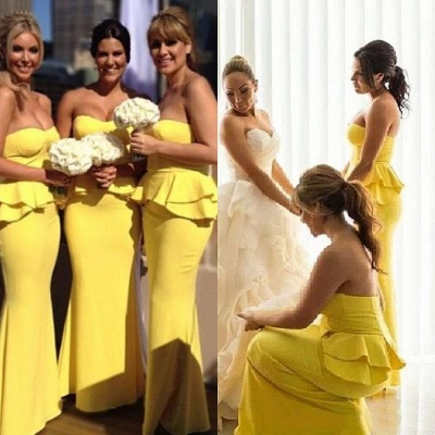 Volantes Vestidos de dama de honor de sirena largos con péplum amarillo brillante_3