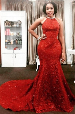 Amazing Sleeveless Halter Open-Back Mermaid Long-Train Pearls-Chain Red Sparkly Prom Dress_2