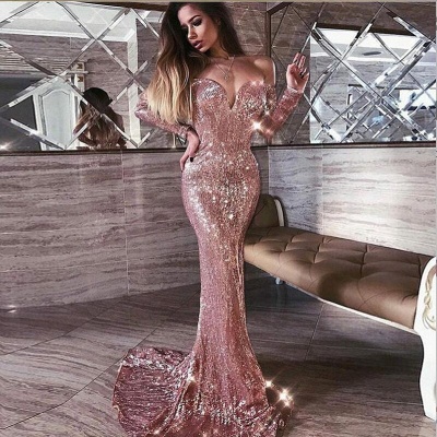 Mermaid Pink Shiny Sequined Strapless Off-the-Shoulder Long Sleeves Prom Dress_3