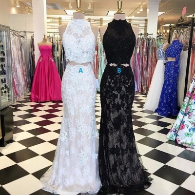 Lace High Neck Mermaid Two Piece Prom Dresses_2