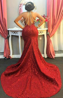 Amazing Sleeveless Halter Open-Back Mermaid Long-Train Pearls-Chain Red Sparkly Prom Dress_3