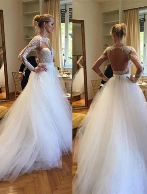 A-Line Long Sleeve Open Back Wedding Dress Gorgeous Lace Applique Tulle Bridal Gowns_1