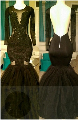 Open Back Mermaid Black Long Prom Dresses  for Juniors | Long Sleeve Plus Size Tulle Formal Evening Gowns bc1324_1