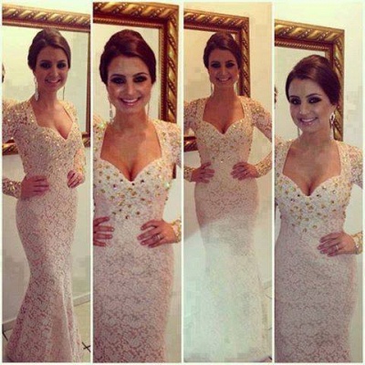 Sexy Prom Dresses Sweetheart White Beading Crystals Lace Mermaid Floor Length Long Sleeves Evening Gowns_4