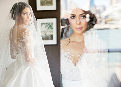 Satin Elegant A-Line Wedding Dresses Long Sleeve Lace Appliques Bridal Gowns_7