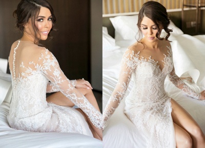 Satin Elegant A-Line Wedding Dresses Long Sleeve Lace Appliques Bridal Gowns_5